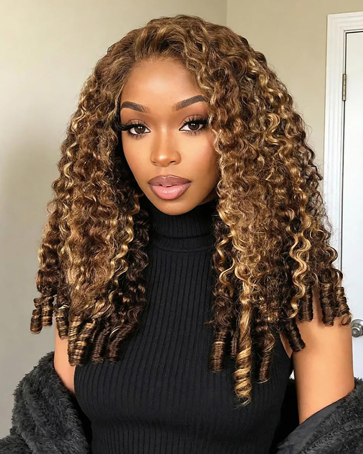 eullair Burmese Curly Highlight Wig P4/27 | Fluffy Defined Curls V Part Human Hair Wig