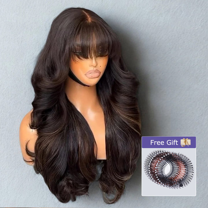 eullair Butterfly Curls With Bangs 13x4 Black Mixed Brown Highlight Lace Frontal Human Hair Wigs 250% Density