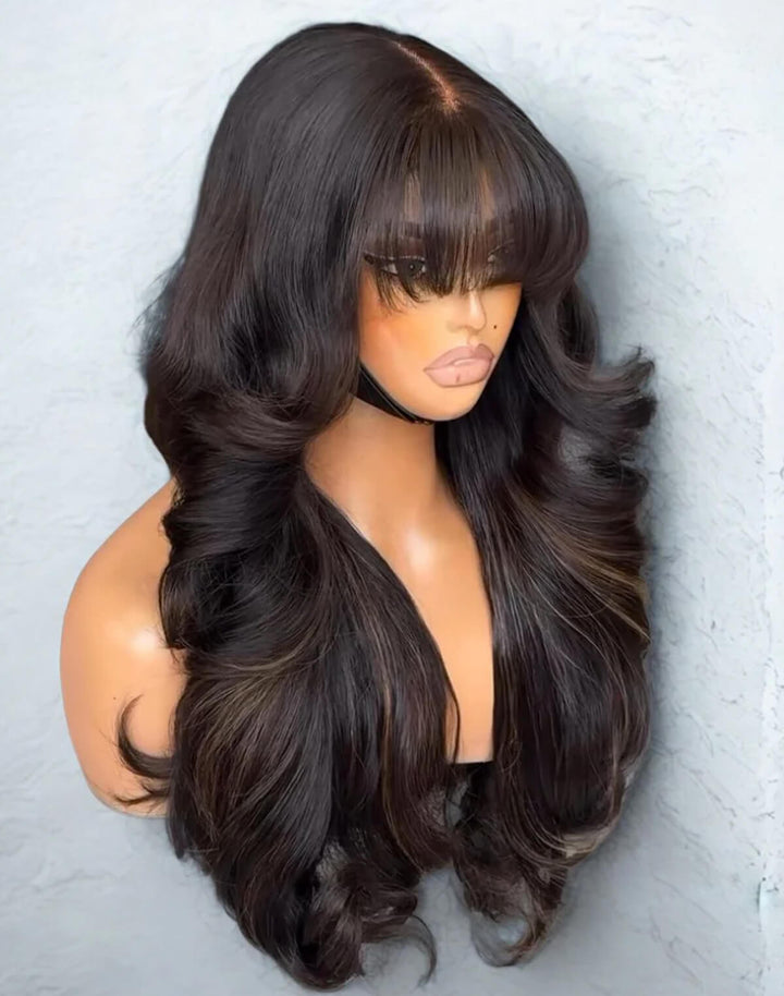 eullair Butterfly Curls With Bangs 13x4 Black Mixed Brown Highlight Lace Frontal Human Hair Wigs 250% Density