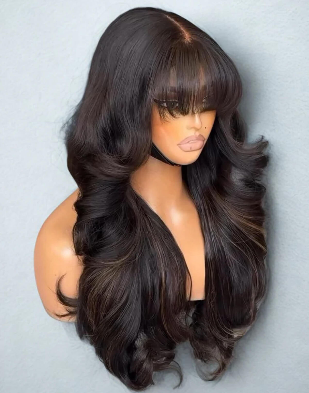 eullair Butterfly Curls With Bangs 13x4 Black Mixed Brown Highlight Lace Frontal Human Hair Wigs 250% Density