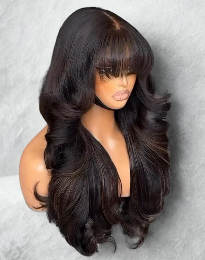 eullair Butterfly Curls With Bangs 13x4 Black Mixed Brown Highlight Lace Frontal Human Hair Wigs 250% Density