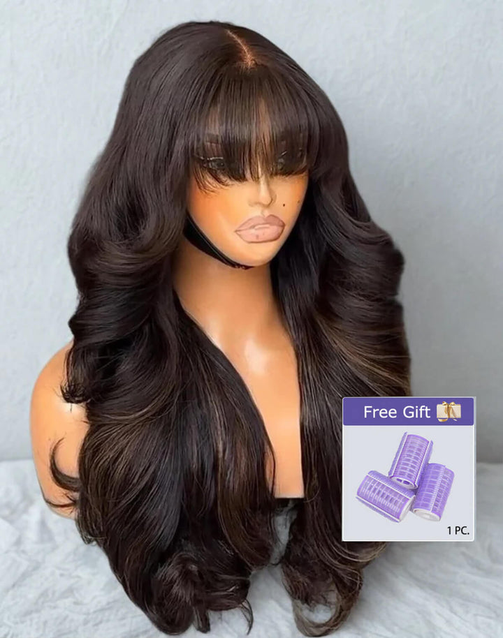 eullair Butterfly Curls With Bangs 13x4 Black Mixed Brown Highlight Lace Frontal Human Hair Wigs 250% Density