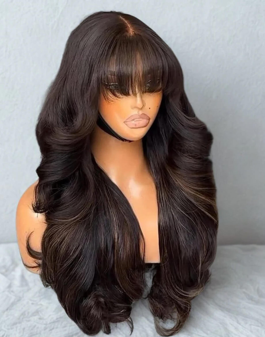 eullair Butterfly Curls With Bangs 13x4 Black Mixed Brown Highlight Lace Frontal Human Hair Wigs 250% Density