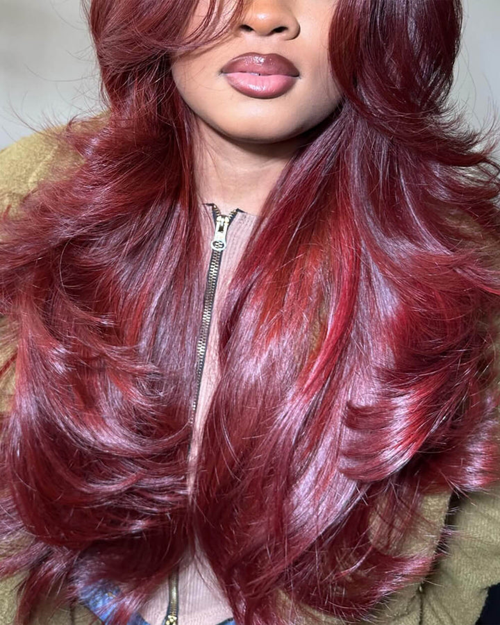 eullair Cranberry Red 13x4 Lace Wig with Layered Curtain Bangs Long Wavy 250% Density