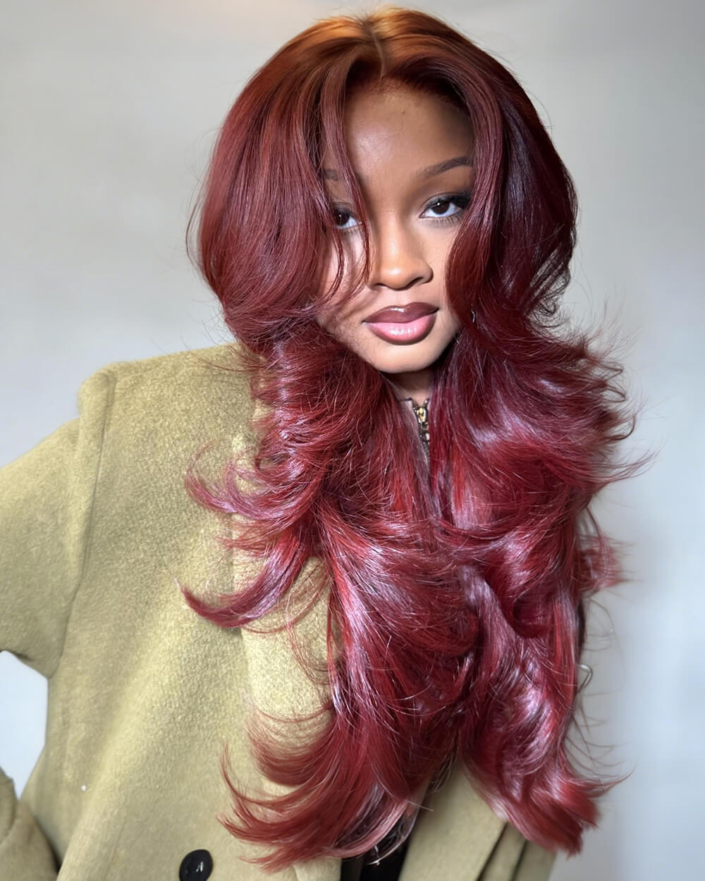 eullair Cranberry Red 13x4 Lace Wig with Layered Curtain Bangs Long Wavy 250% Density