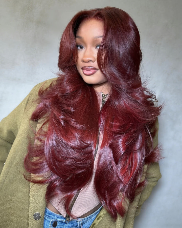 eullair Cranberry Red 13x4 Lace Wig with Layered Curtain Bangs Long Wavy 250% Density