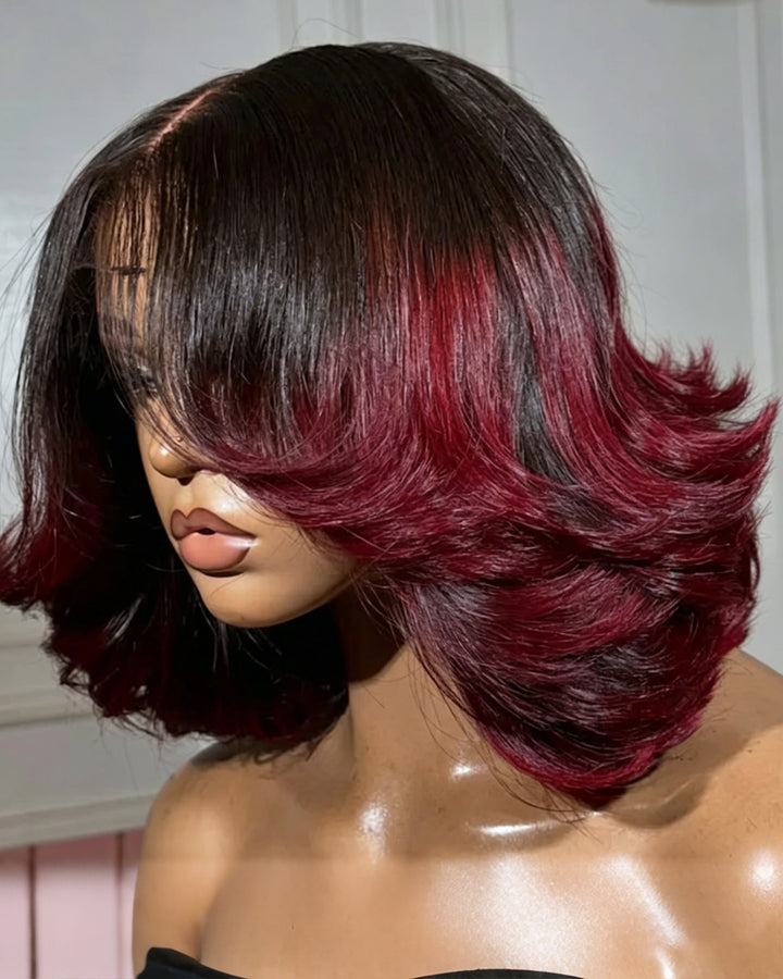 eullair Designer Layered Curtain Bangs Wigs Ombre 1B Red 13x4 Short Wavy Glueless Bob Wigs