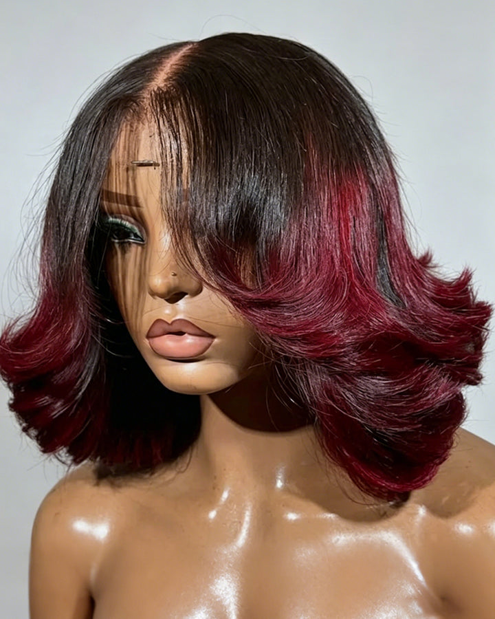 eullair Designer Layered Curtain Bangs Wigs Ombre 1B Red 13x4 Short Wavy Glueless Bob Wigs
