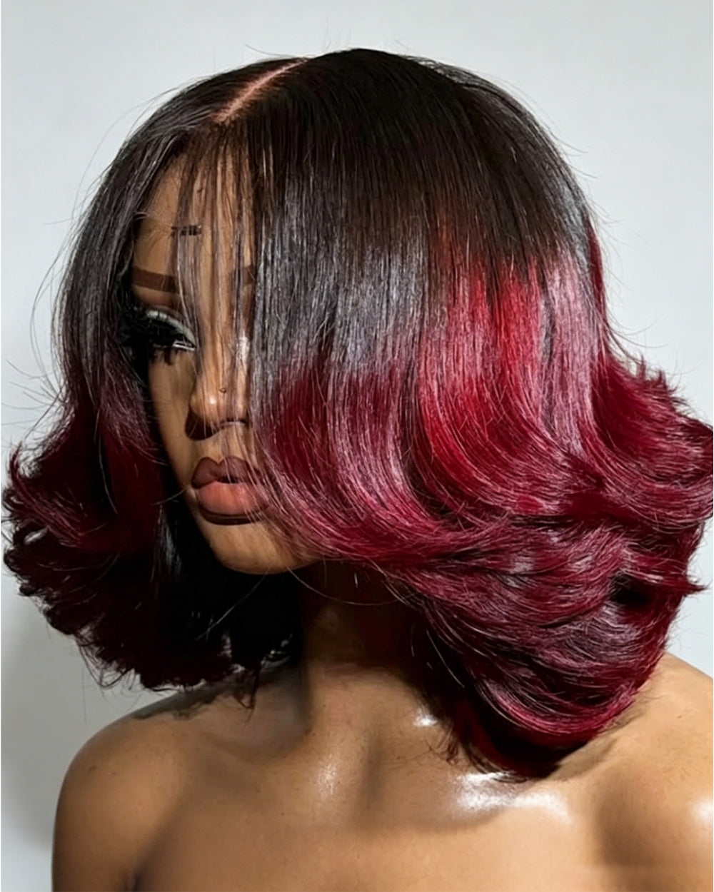 eullair Designer Layered Curtain Bangs Wigs Ombre 1B Red 13x4 Short Wavy Glueless Bob Wigs
