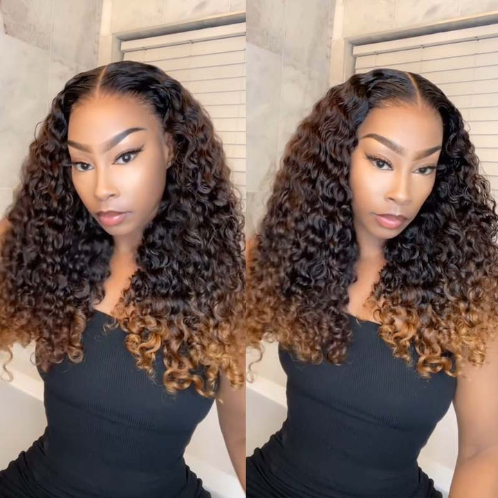eullair Fashionable Glueless Ombre Brown and Honey Blonde Curly Lace Frontal Wig Pre Colored Dark Roots Human Hair Wig For Women ( EW008 )