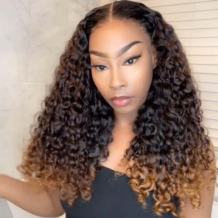 eullair Fashionable Glueless Ombre Brown and Honey Blonde Curly Lace Frontal Wig Pre Colored Dark Roots Human Hair Wig For Women ( EW008 )