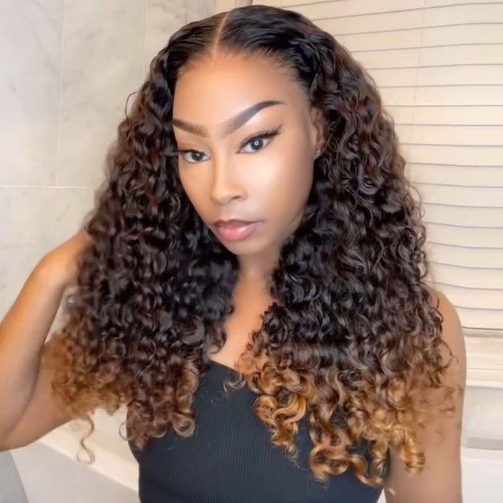 eullair Fashionable Glueless Ombre Brown and Honey Blonde Curly Lace Frontal Wig Pre Colored Dark Roots Human Hair Wig For Women ( EW008 )