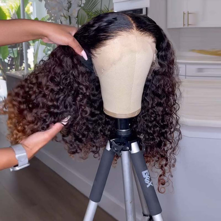 eullair Fashionable Glueless Ombre Brown and Honey Blonde Curly Lace Frontal Wig Pre Colored Dark Roots Human Hair Wig For Women ( EW008 )