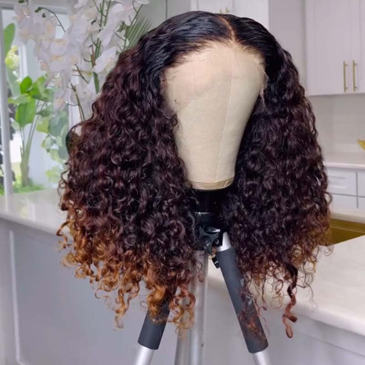eullair Fashionable Glueless Ombre Brown and Honey Blonde Curly Lace Frontal Wig Pre Colored Dark Roots Human Hair Wig For Women ( EW008 )