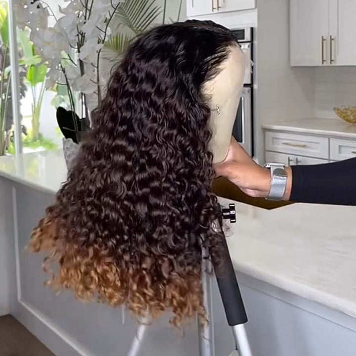 eullair Fashionable Glueless Ombre Brown and Honey Blonde Curly Lace Frontal Wig Pre Colored Dark Roots Human Hair Wig For Women ( EW008 )