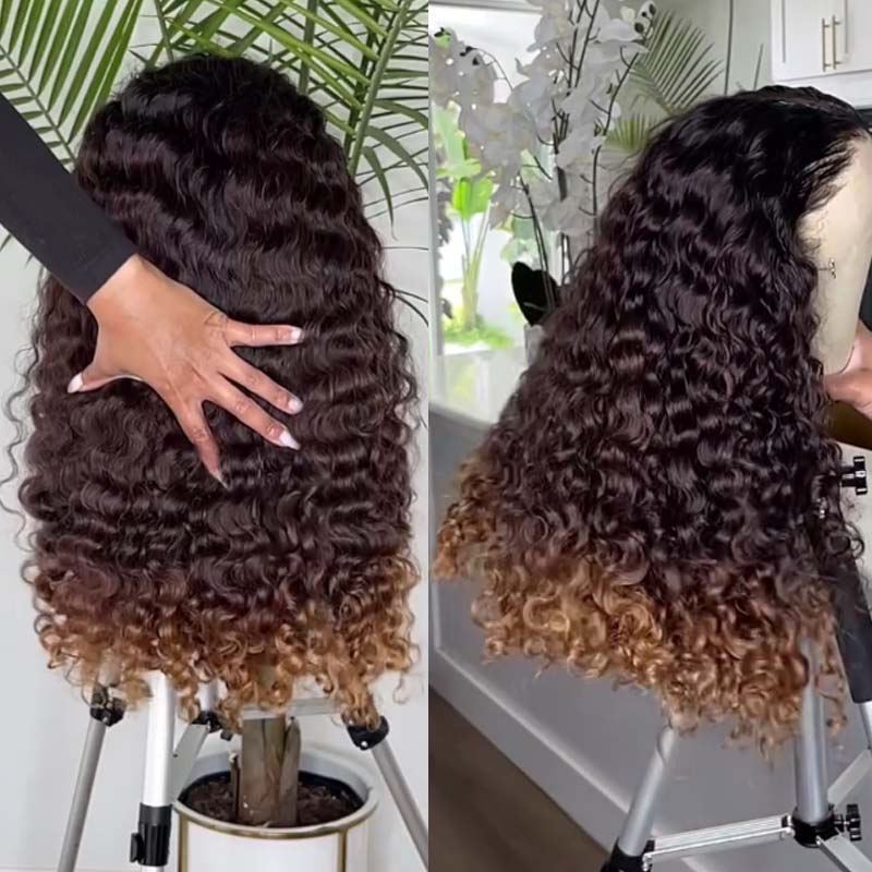 eullair Fashionable Glueless Ombre Brown and Honey Blonde Curly Lace Frontal Wig Pre Colored Dark Roots Human Hair Wig For Women ( EW008 )