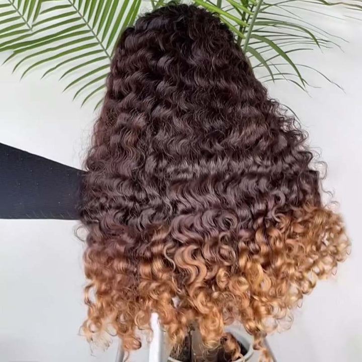 eullair Fashionable Glueless Ombre Brown and Honey Blonde Curly Lace Frontal Wig Pre Colored Dark Roots Human Hair Wig For Women ( EW008 )