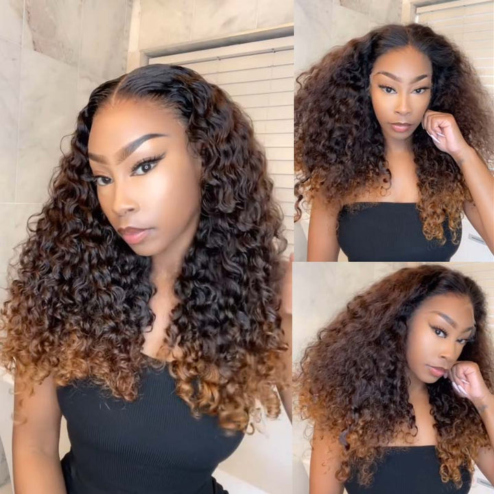 eullair Fashionable Glueless Ombre Brown and Honey Blonde Curly Lace Frontal Wig Pre Colored Dark Roots Human Hair Wig For Women ( EW008 )