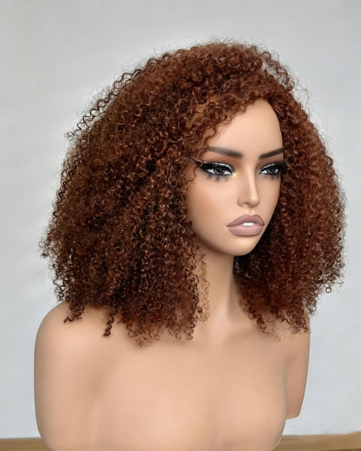 eullair Ginger Kinky Curly 3 IN 1 Half Wig Shoulder Length Human Hair Natural Afro Fluffy Volume