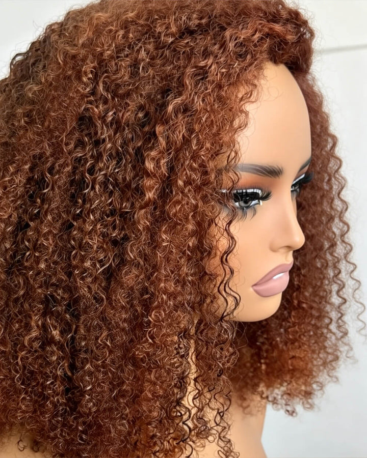 eullair Ginger Kinky Curly 3 IN 1 Half Wig Shoulder Length Human Hair Natural Afro Fluffy Volume