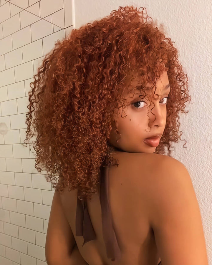 eullair Ginger Kinky Curly 3 IN 1 Half Wig Shoulder Length Human Hair Natural Afro Fluffy Volume