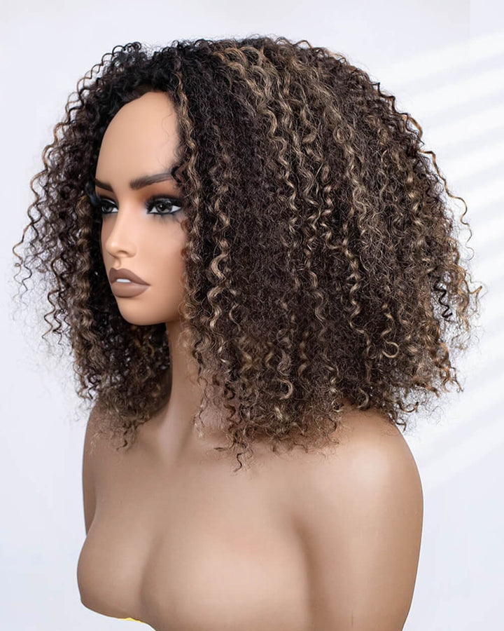 eullair Highlight Curly Drawstring Half Wig 3 in 1 Human Hair Adjustable Natural Blend