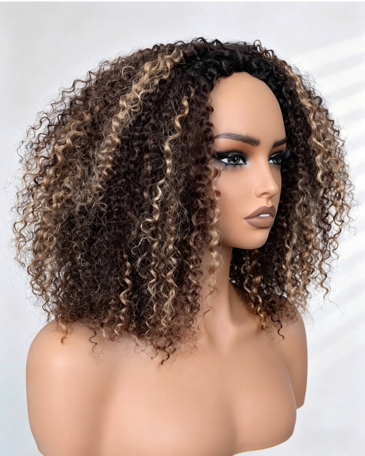 eullair Highlight Curly Drawstring Half Wig 3 in 1 Human Hair Adjustable Natural Blend