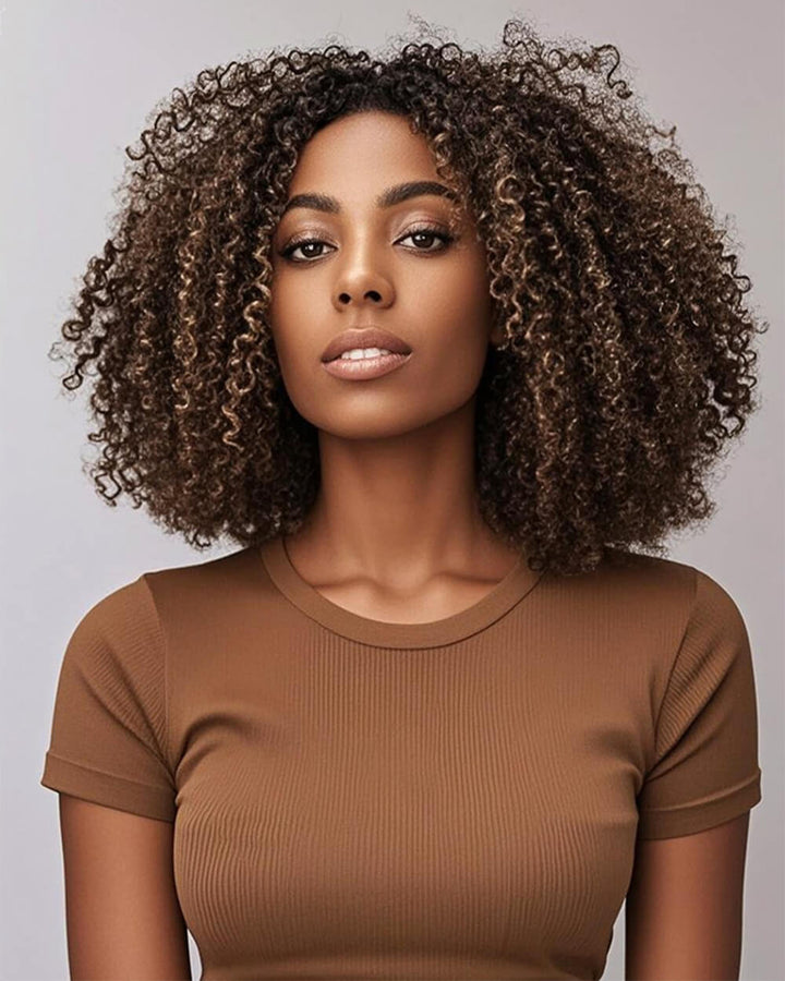 eullair Highlight Curly Drawstring Half Wig 3 in 1 Human Hair Adjustable Natural Blend