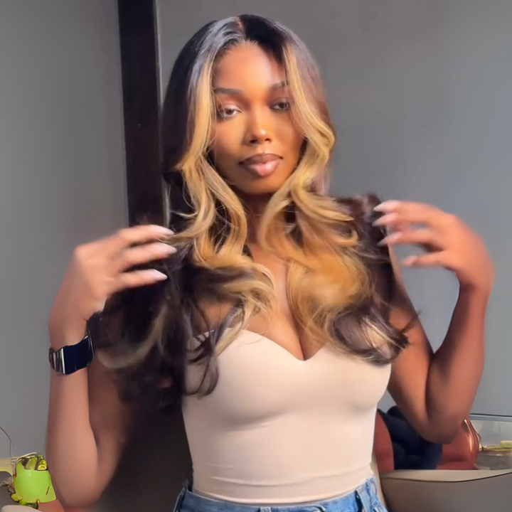 eullair Honey Blonde Skunk Stripe Colored Wig Body Wave 9x6 Deep Parting Glueless Wigs 250% Density