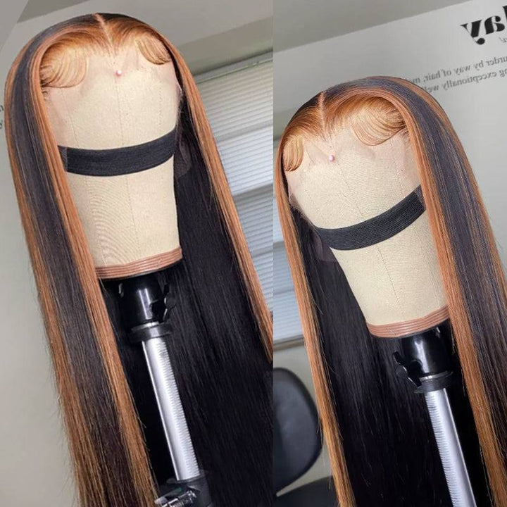 eullair Honey Blonde Skunk Stripe Straight Human Hair Wig Piano Color Highlight Lace Frontal Wig