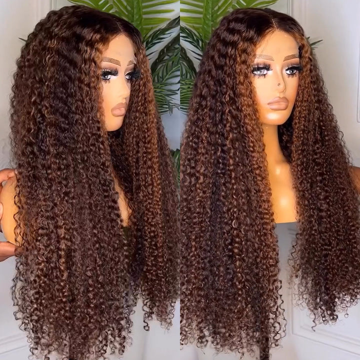 eullair Honey Brown Highlights Kinky Curly Human Hair Lace Wig Pre Colored Glueless Lace Frontal Wig For Women