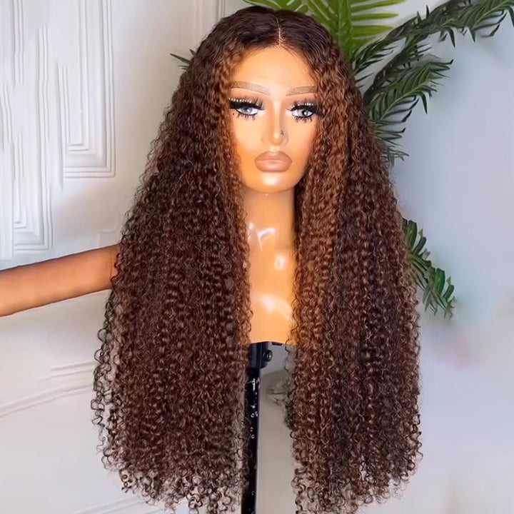 eullair Honey Brown Highlights Kinky Curly Human Hair Lace Wig Pre Colored Glueless Lace Frontal Wig For Women
