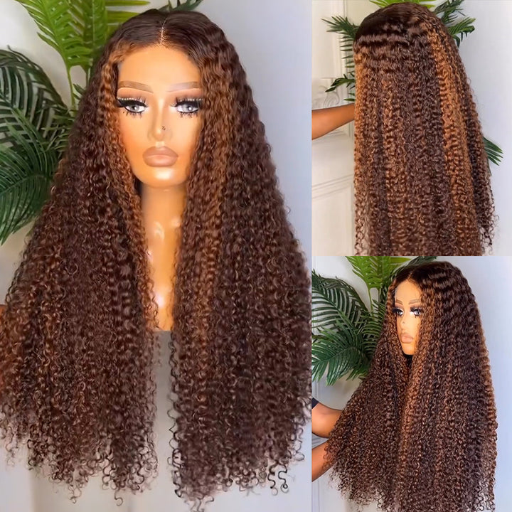 eullair Honey Brown Highlights Kinky Curly Human Hair Lace Wig Pre Colored Glueless Lace Frontal Wig For Women