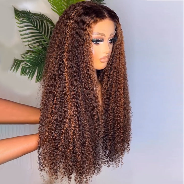 eullair Honey Brown Highlights Kinky Curly Human Hair Lace Wig Pre Colored Glueless Lace Frontal Wig For Women