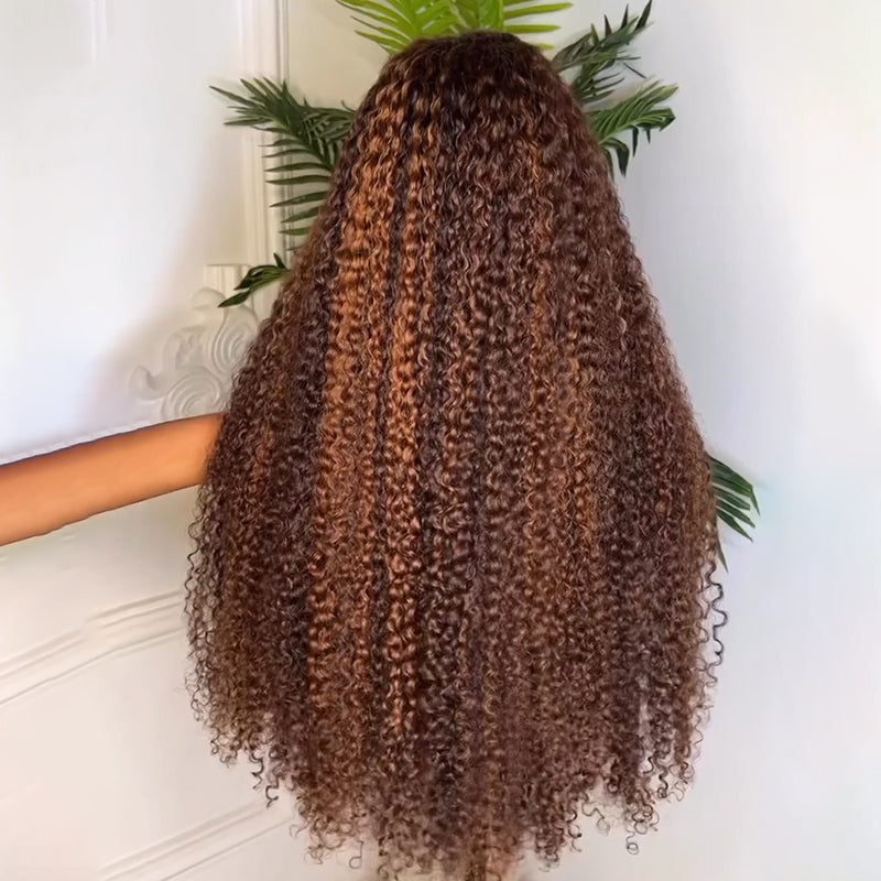 eullair Honey Brown Highlights Kinky Curly Human Hair Lace Wig Pre Colored Glueless Lace Frontal Wig For Women