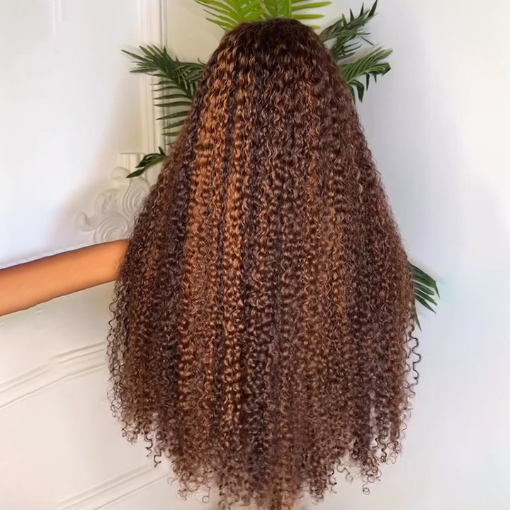 eullair Honey Brown Highlights Kinky Curly Human Hair Lace Wig Pre Colored Glueless Lace Frontal Wig For Women