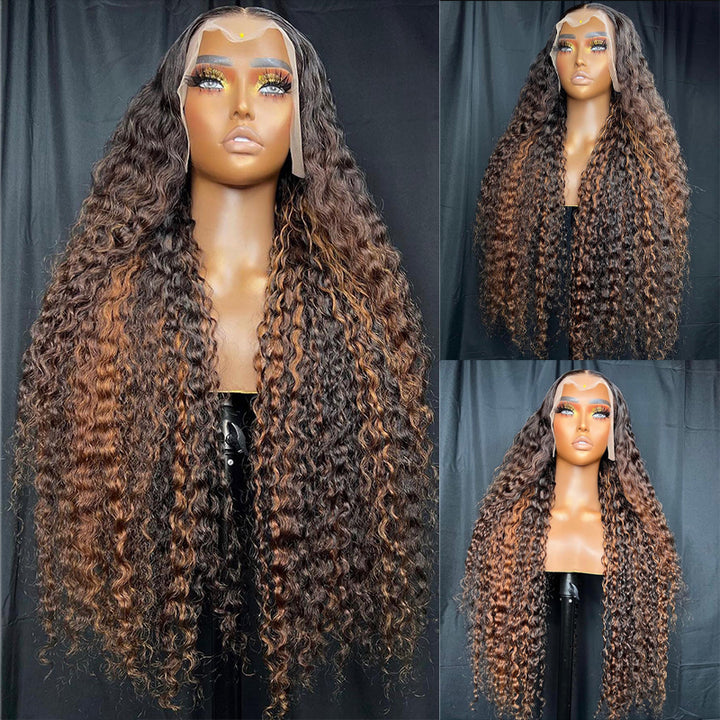 eullair Inner Brown Curly Hair Lace Frontal Wig Pre Colored Glueless Human Hair Wigs For Women Pre Plucked Hairline