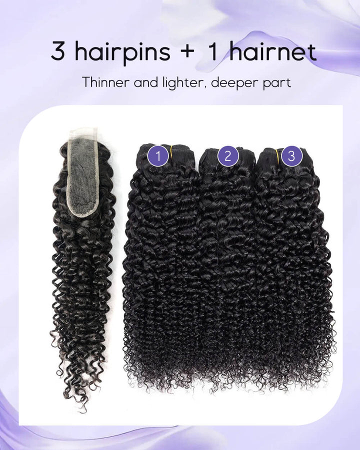 eullair Raw Hair Kinky Curly 3 Bundles with 2x6 Closure - High Elasticity Natural Black Hair Deep Parting