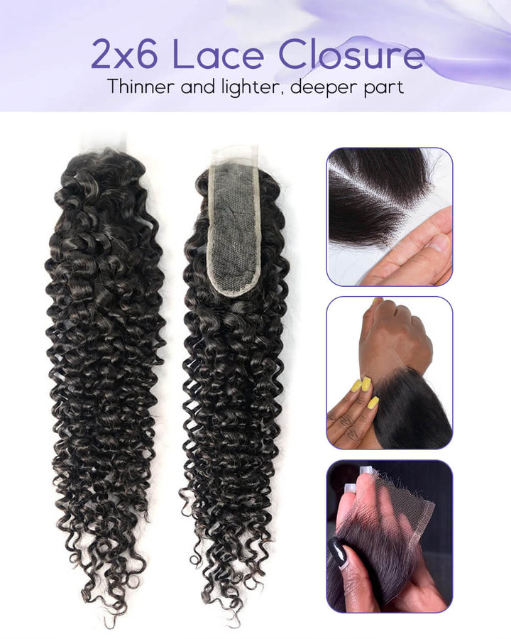 eullair Raw Hair Kinky Curly 3 Bundles with 2x6 Closure - High Elasticity Natural Black Hair Deep Parting