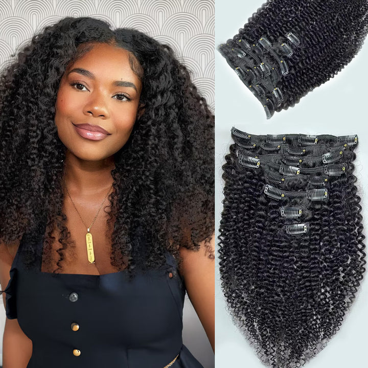 eullair Kinky Curly Clip in Hair Extensions 100% Real Remy Human Hair Extension for Black Women Natural Color 8PCS per Set With 20 Clips Double Weft 120gram