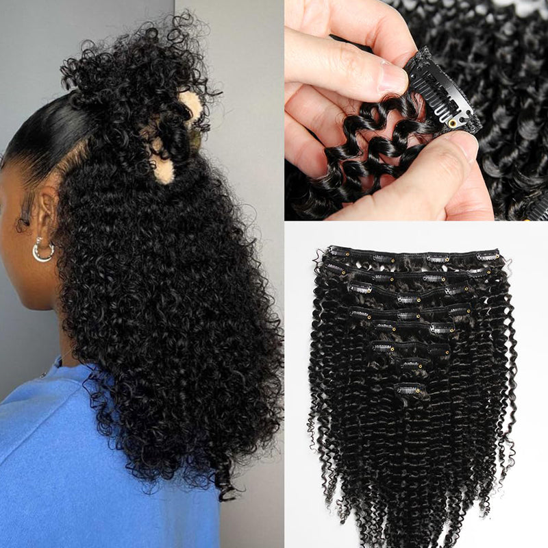 eullair Kinky Curly Clip in Hair Extensions 100% Real Remy Human Hair Extension for Black Women Natural Color 8PCS per Set With 20 Clips Double Weft 120gram