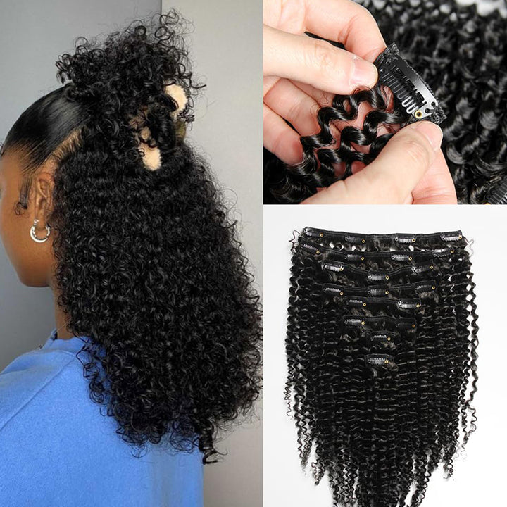 eullair Kinky Curly Clip in Hair Extensions 100% Real Remy Human Hair Extension for Black Women Natural Color 8PCS per Set With 20 Clips Double Weft 120gram
