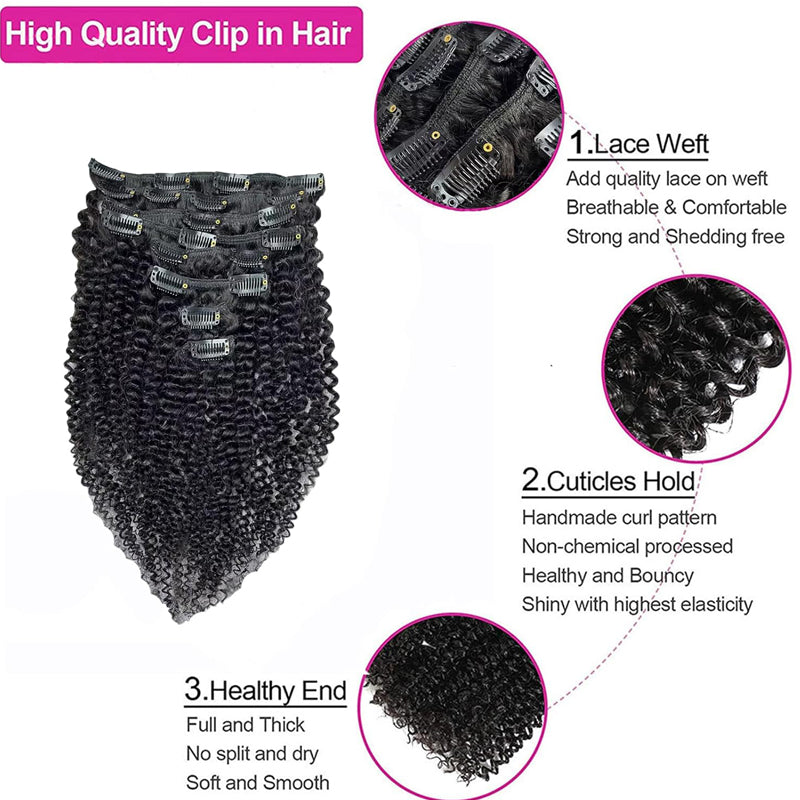 eullair Kinky Curly Clip in Hair Extensions 100% Real Remy Human Hair Extension for Black Women Natural Color 8PCS per Set With 20 Clips Double Weft 120gram