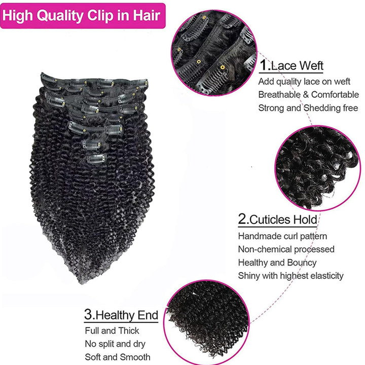 eullair Kinky Curly Clip in Hair Extensions 100% Real Remy Human Hair Extension for Black Women Natural Color 8PCS per Set With 20 Clips Double Weft 120gram