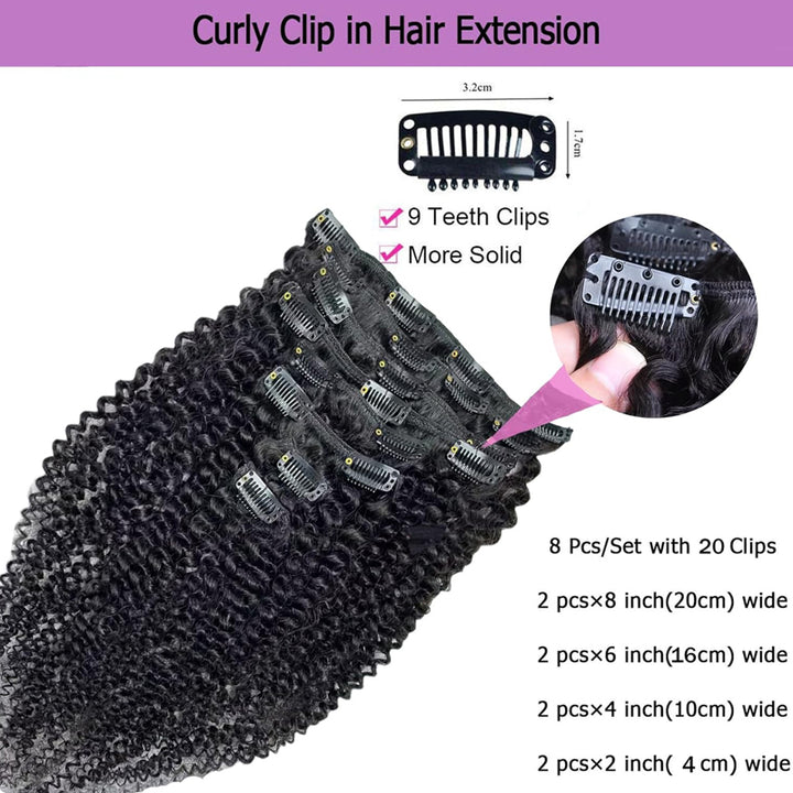 eullair Kinky Curly Clip in Hair Extensions 100% Real Remy Human Hair Extension for Black Women Natural Color 8PCS per Set With 20 Clips Double Weft 120gram