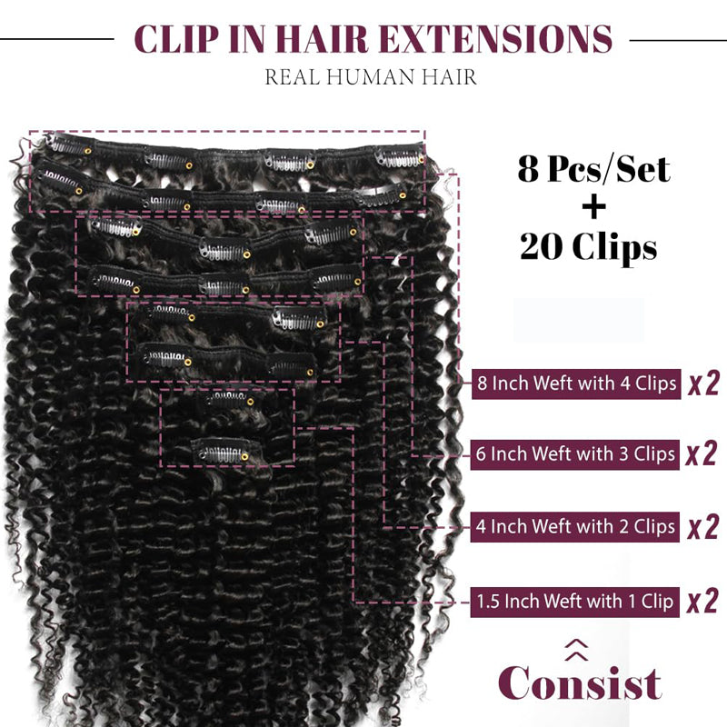 eullair Kinky Curly Clip in Hair Extensions 100% Real Remy Human Hair Extension for Black Women Natural Color 8PCS per Set With 20 Clips Double Weft 120gram