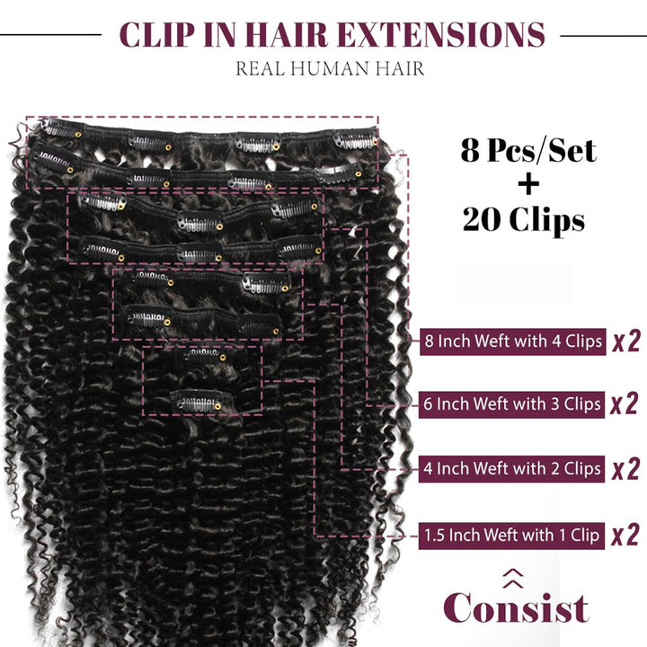 eullair Kinky Curly Clip in Hair Extensions 100% Real Remy Human Hair Extension for Black Women Natural Color 8PCS per Set With 20 Clips Double Weft 120gram