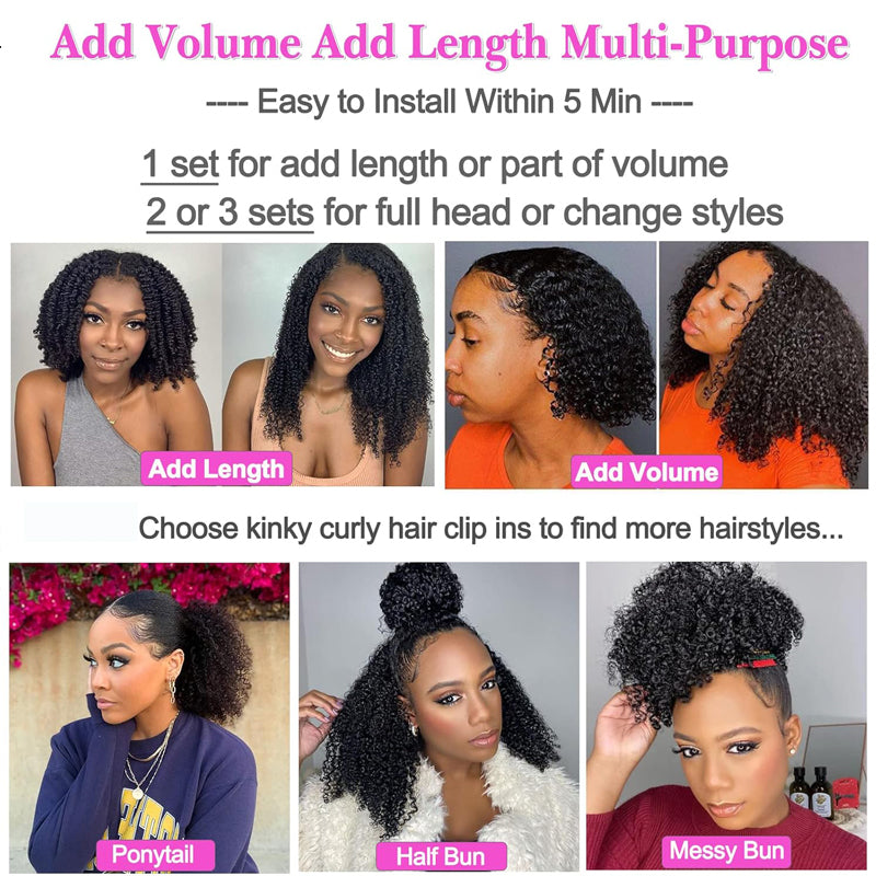 eullair Kinky Straight Clip in Hair Extensions 100% Real Remy Human Hair Extensions for Black Women Natural Color 8PCS per Set With 20 Clips Double Weft 120gram