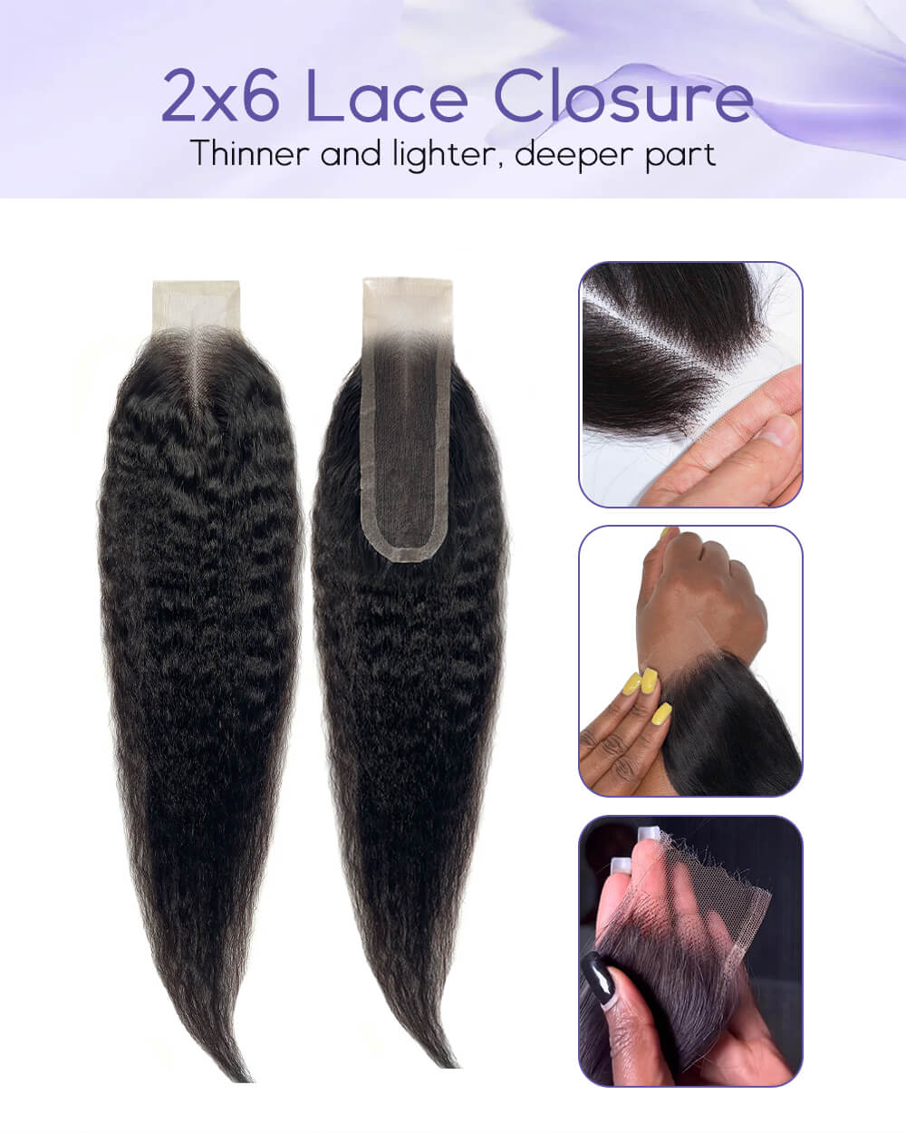 eullair Kinky Straight Bundles with 2x6 Closure - 6 Inch Deep Side Parting Kim K Style Natural Hairline