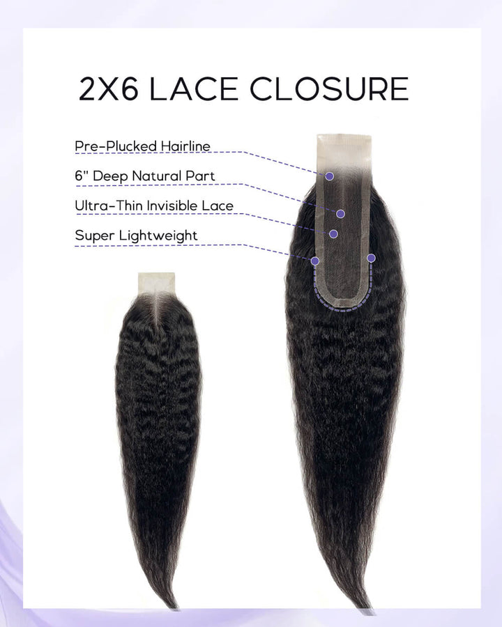 eullair Kinky Straight Bundles with 2x6 Closure - 6 Inch Deep Side Parting Kim K Style Natural Hairline
